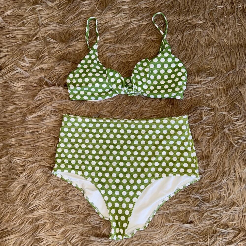 Aerie Green Polka Dot Front Twist Tie Bikini Top High Waisted Bottom Set size M